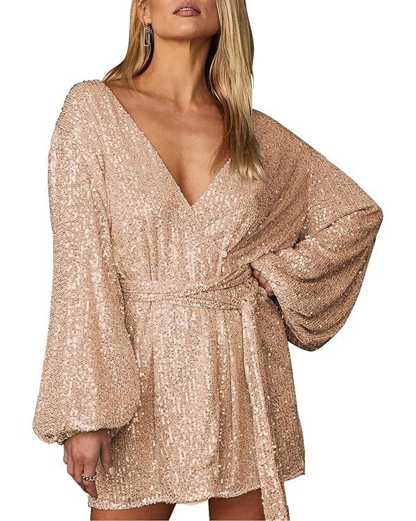 Lunidry Women's Long Sleeve Sequin Short Dress Sparkly Glitter V Neck Tie Waist Sexy Party Club C... | Amazon (US)