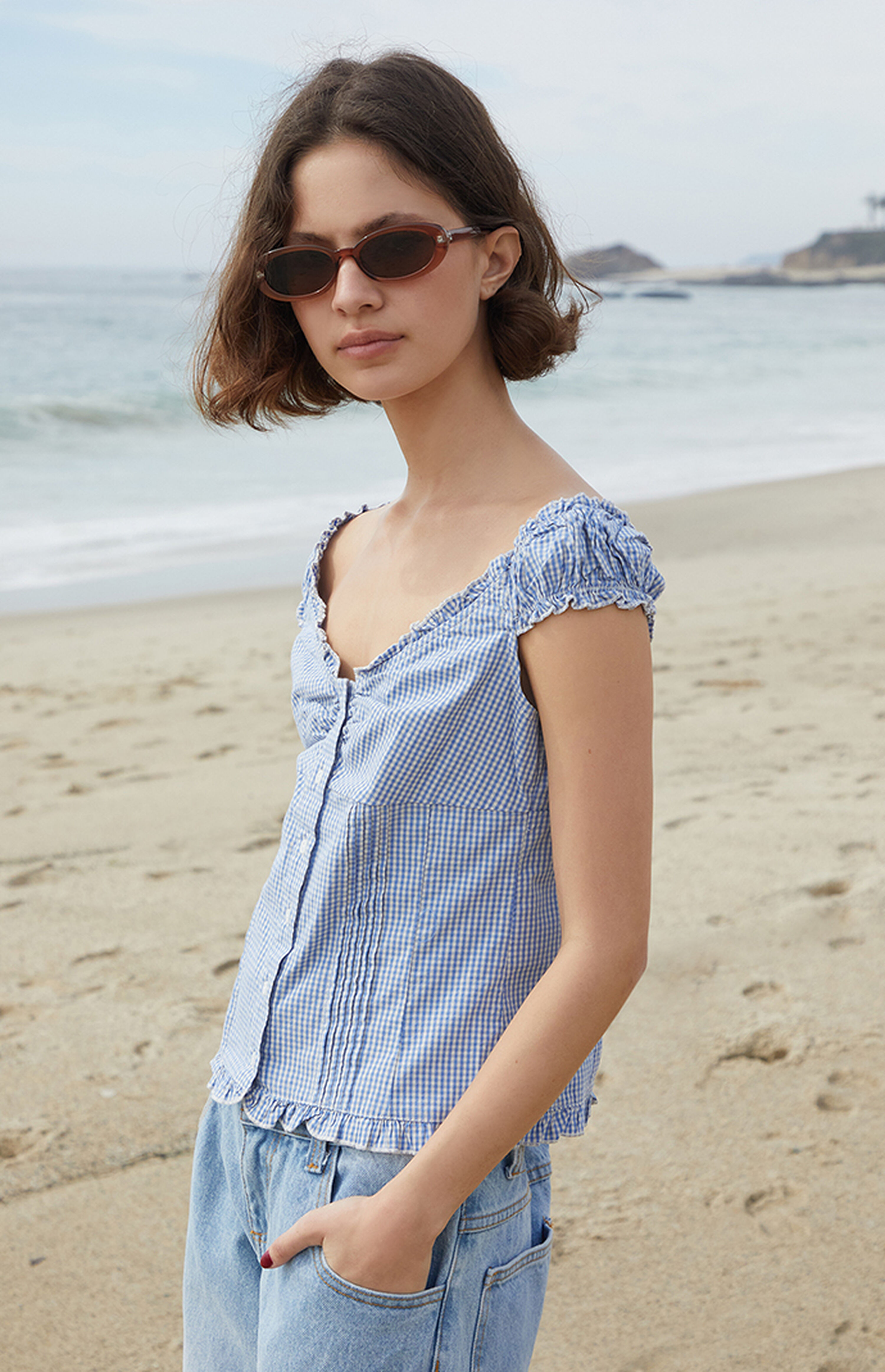 John Galt Blue & White Gingham Elara Top | PacSun