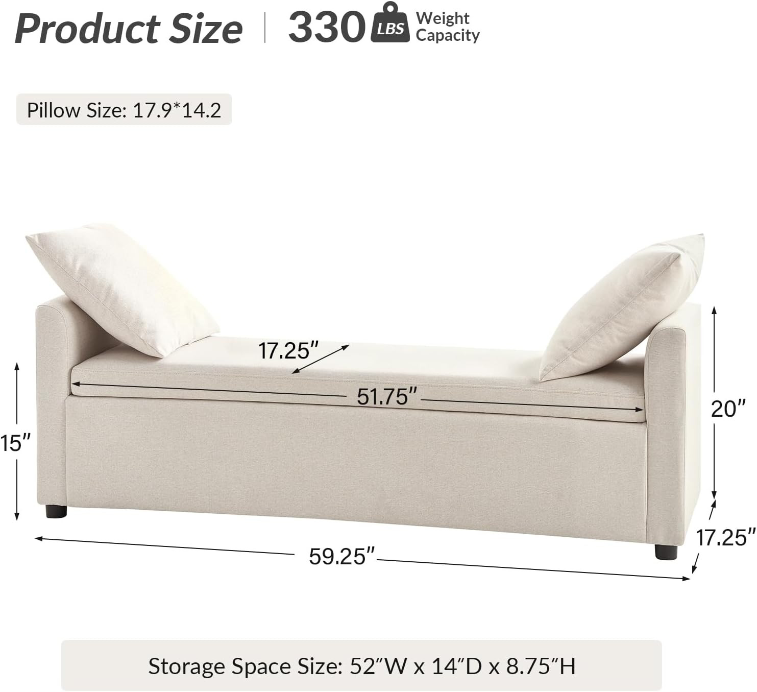 HULALA HOME 59" Storage Bench with 2 Throw Pillows & Armrests, Linen | Amazon (US)