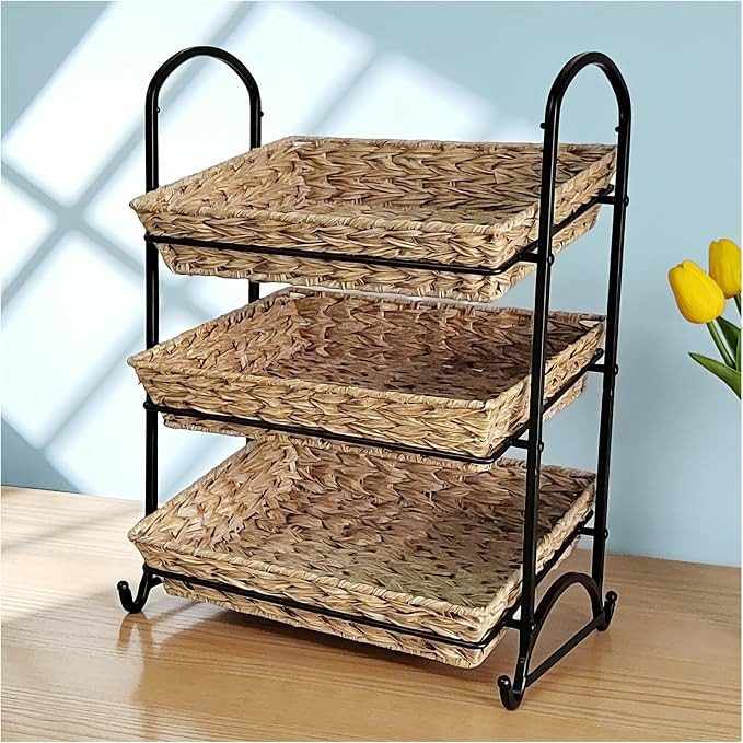 3 Tier Faux Rattan Wicker Storage Basket with Metal Frame, Countertop Organizer Shelf for Kitchen... | Amazon (US)