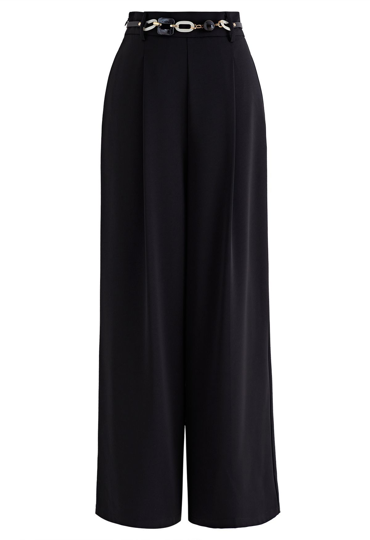 Pleat Front Wide-Leg Belted Pants in Black | Chicwish