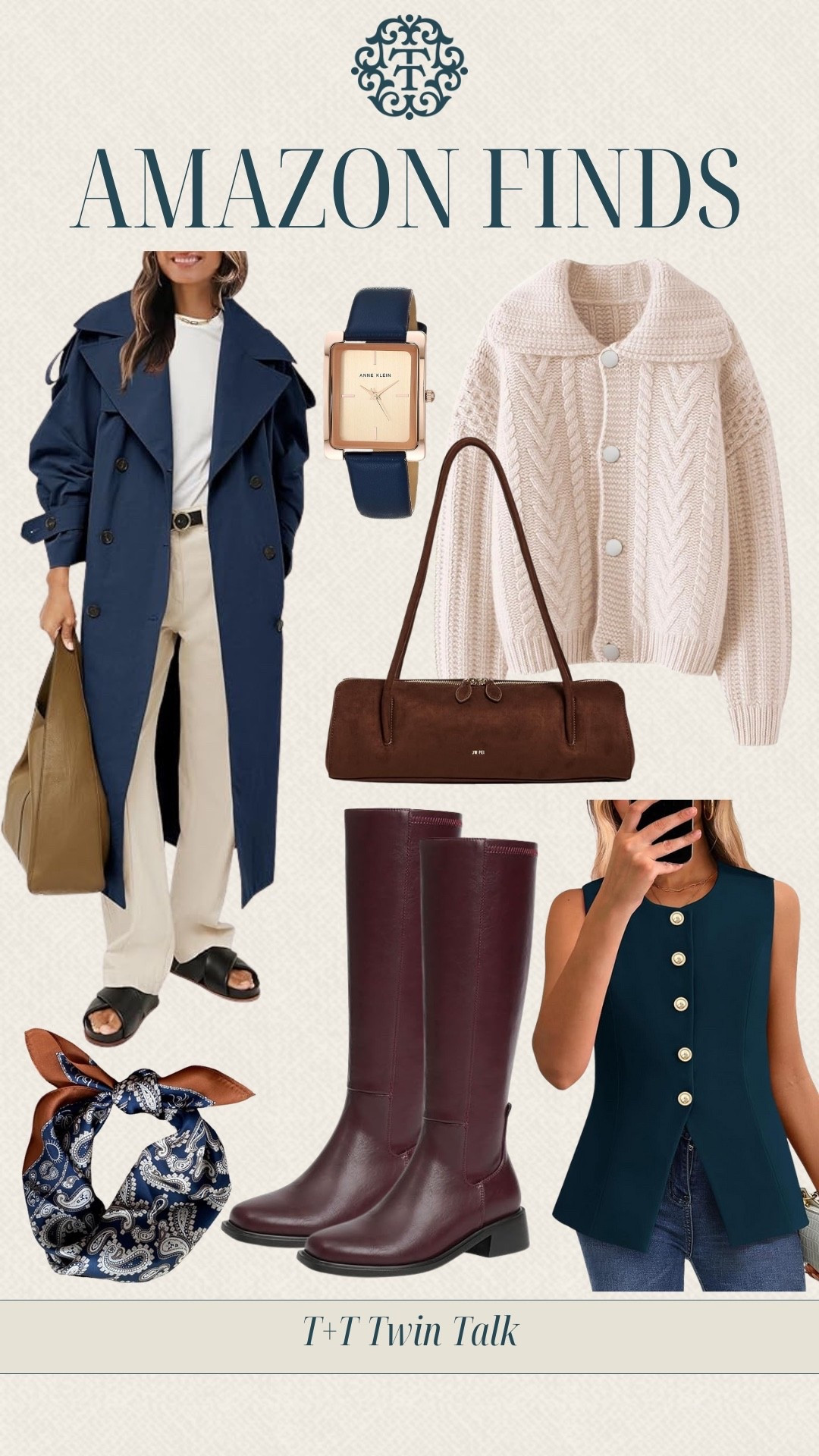 Amazon finds! Loving these fall finds that will be a staple in your wardrobe this season! The dark blue trench coat is a great fall jacket! Silk scarves are great accessories for tying around your neck or using as a charm on your purse! We also love the cream collared button down sweater! 

#LTKMidsize #LTKSeasonal #LTKOver40