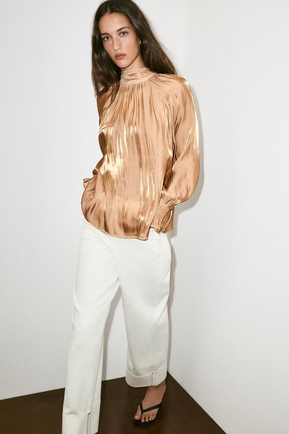 Zara - Satin Shirt With Bow Detail - Mid-Camel - L - Woman | Zara AU