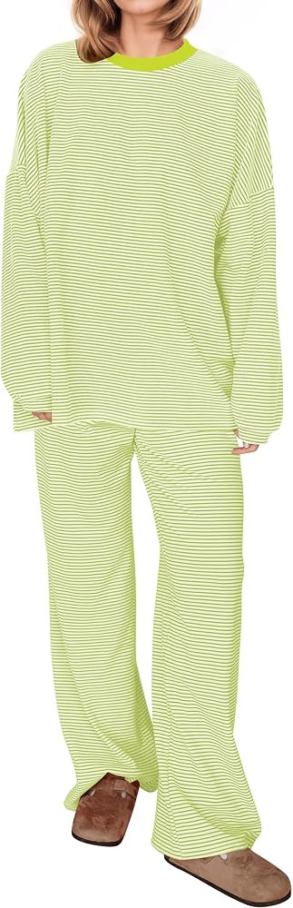 MISSACTIVER Women's 2 Piece Striped Lounge Set Long Sleeve Oversized T-Shirt Wide Leg Pants Match... | Amazon (US)