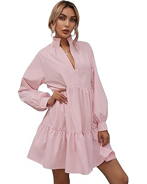 Floerns Women's Casual High Waist Notch Neck Long Sleeve Rufle Hem Smock Dress | Amazon (US)