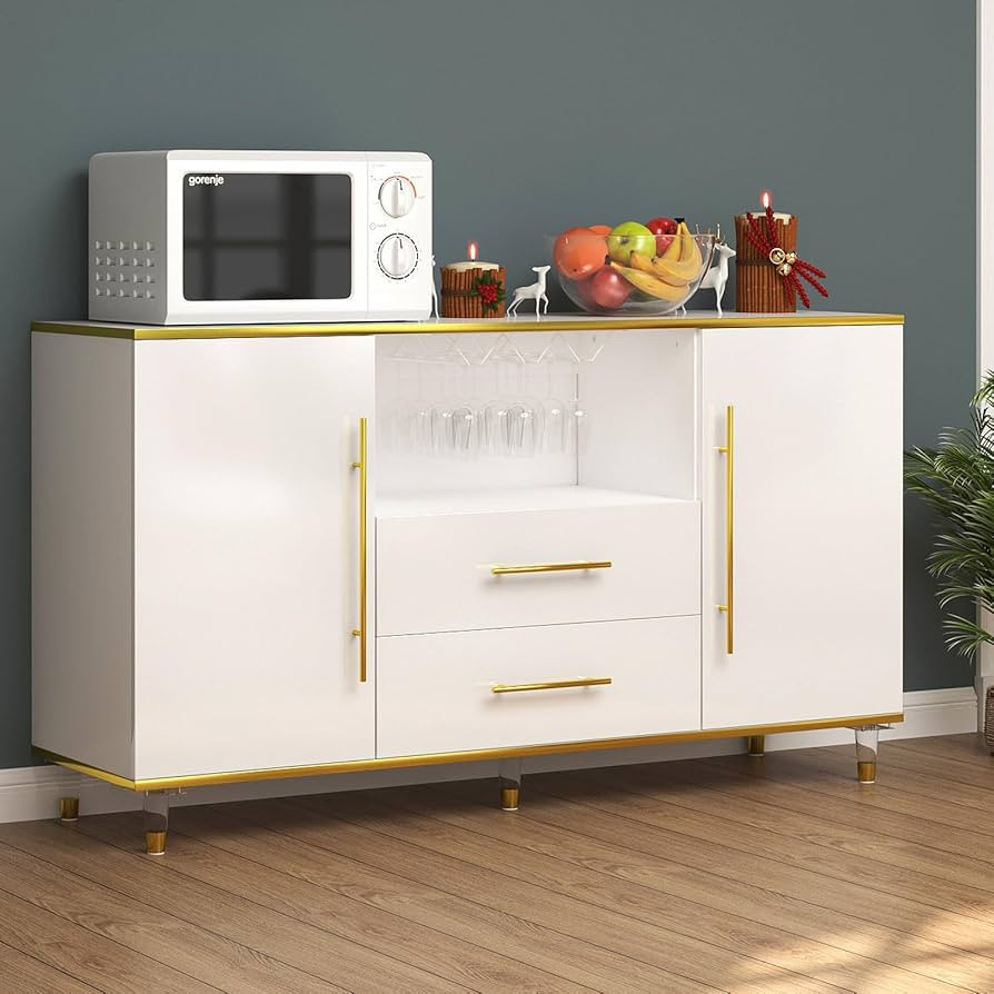 Modern Buffet Cabinet with Wine and Glass Rack, High Glossy Sideboard Storage Cabinet with 2 Draw... | Amazon (US)