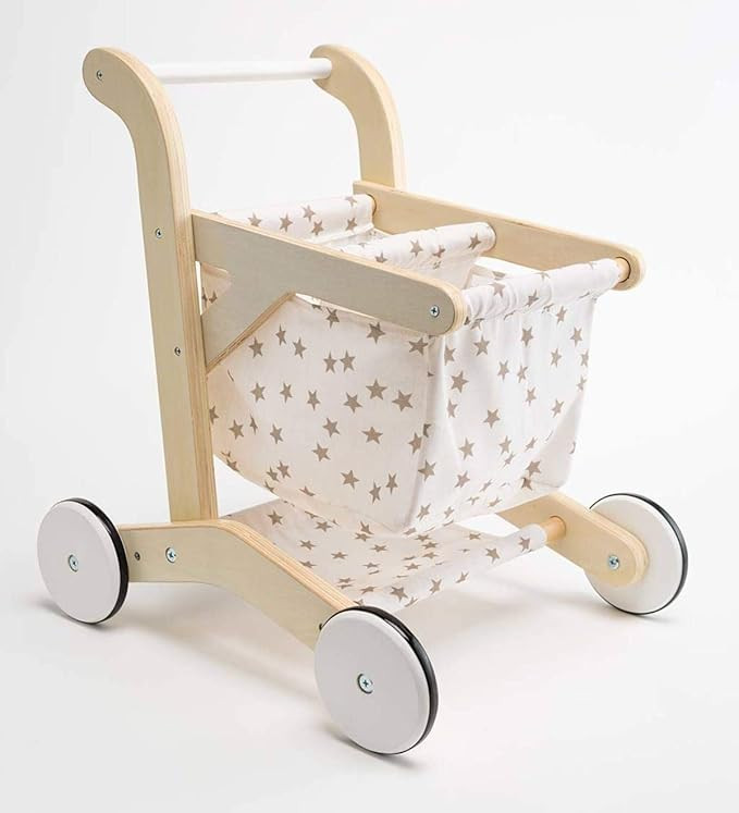 HearthSong Wooden Shopping Cart for Pretend Play with Natural Finish, Real Rolling Wheels and Rem... | Amazon (US)