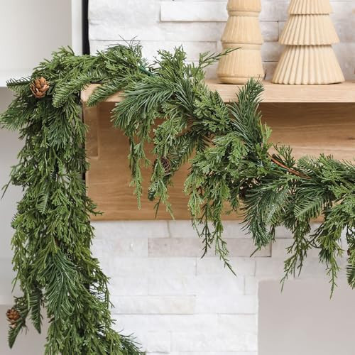 Daifunli 1 Pcs 6 ft Christmas Cedar Garland Greenery Realistic Cedar Pine Needles Garland Artificial Decoration for Table, Mantel, Wall, Home Winter Holiday Party Decor | Amazon (US)