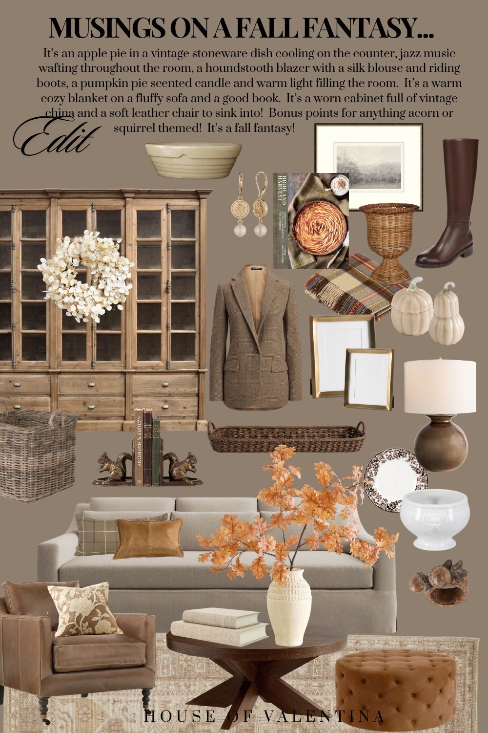 It’s an apple pie in a vintage stoneware dish cooling on the counter, jazz music wafting throughout the room, a houndstooth blazer with a silk blouse and riding boots, a pumpkin pie scented candle and warm light filling the room.  It’s a warm cozy blanket on a fluffy sofa and a good book.  It’s a worn cabinet full of vintage china and a soft leather chair to sink into!  Bonus points for anything acorn or squirrel themed!  It’s a fall fantasy!

#LTKSeasonal #LTKHome #LTKdayinmylife