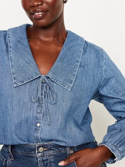 Long-Sleeve Button-Down Cropped Denim Shirt. I LOVE a good denim on denim look. And the collar on this one!? Yes, please!

#LTKStyleTip #LTKFindsUnder50
