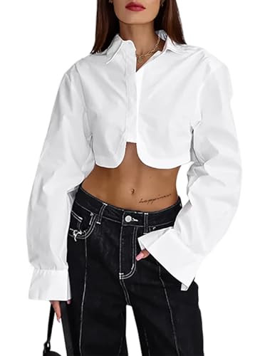 Remidoo Women's Asymmetrical Hem Long Sleeve Button Up Shirt Crop Top Blouse White Medium | Amazon (US)