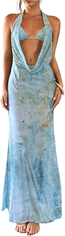 Milumia Women's Tie Dye Print Swimsuit Coverup Dress Halter Deep V Neck Summer Beach Maxi Dresses | Amazon (US)