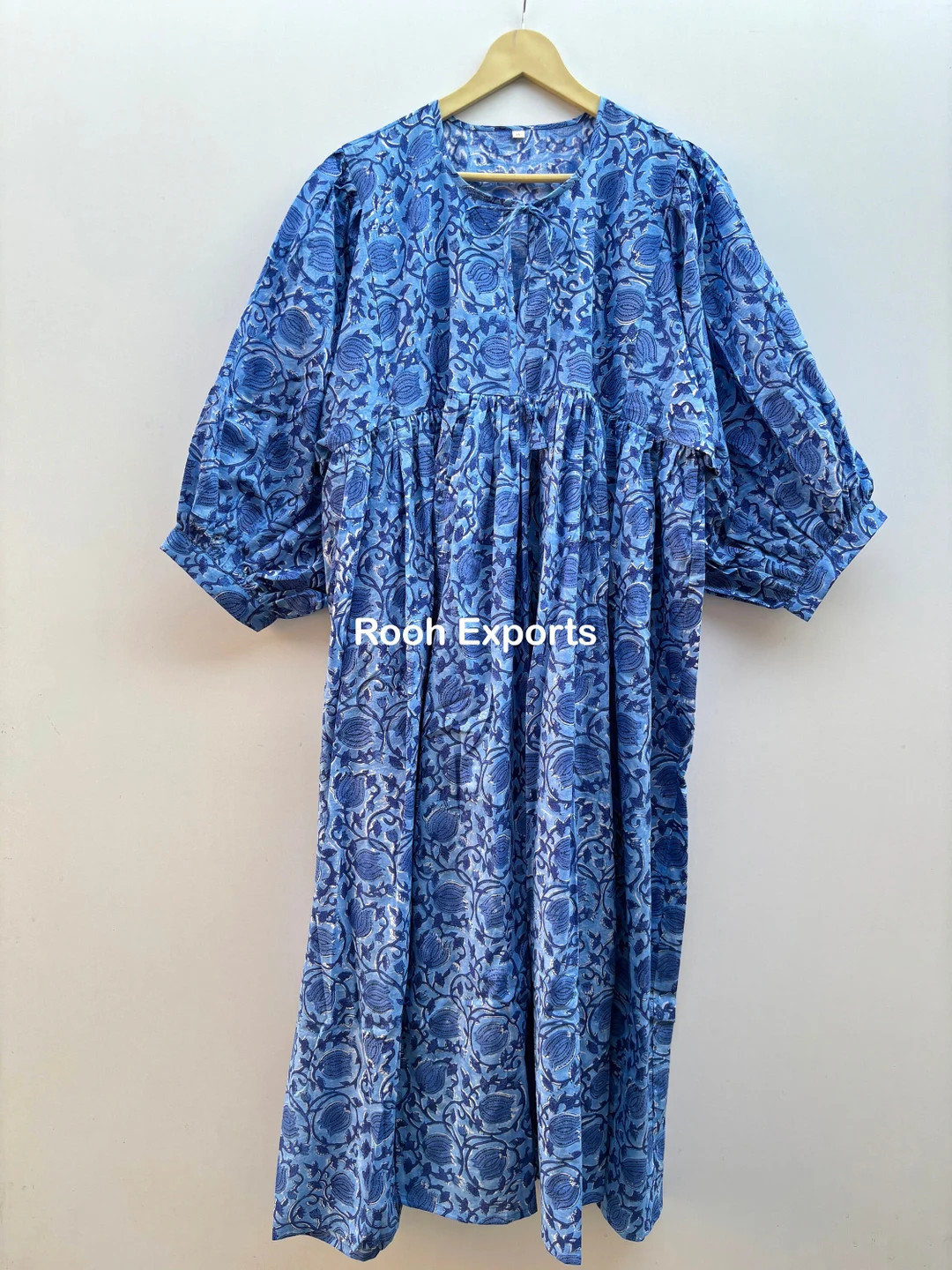 Blue Floral Block Print Midi Dress, Mini Dress, Cotton Summer Dress, Bohemian Holiday Beach Dress... | Etsy (US)