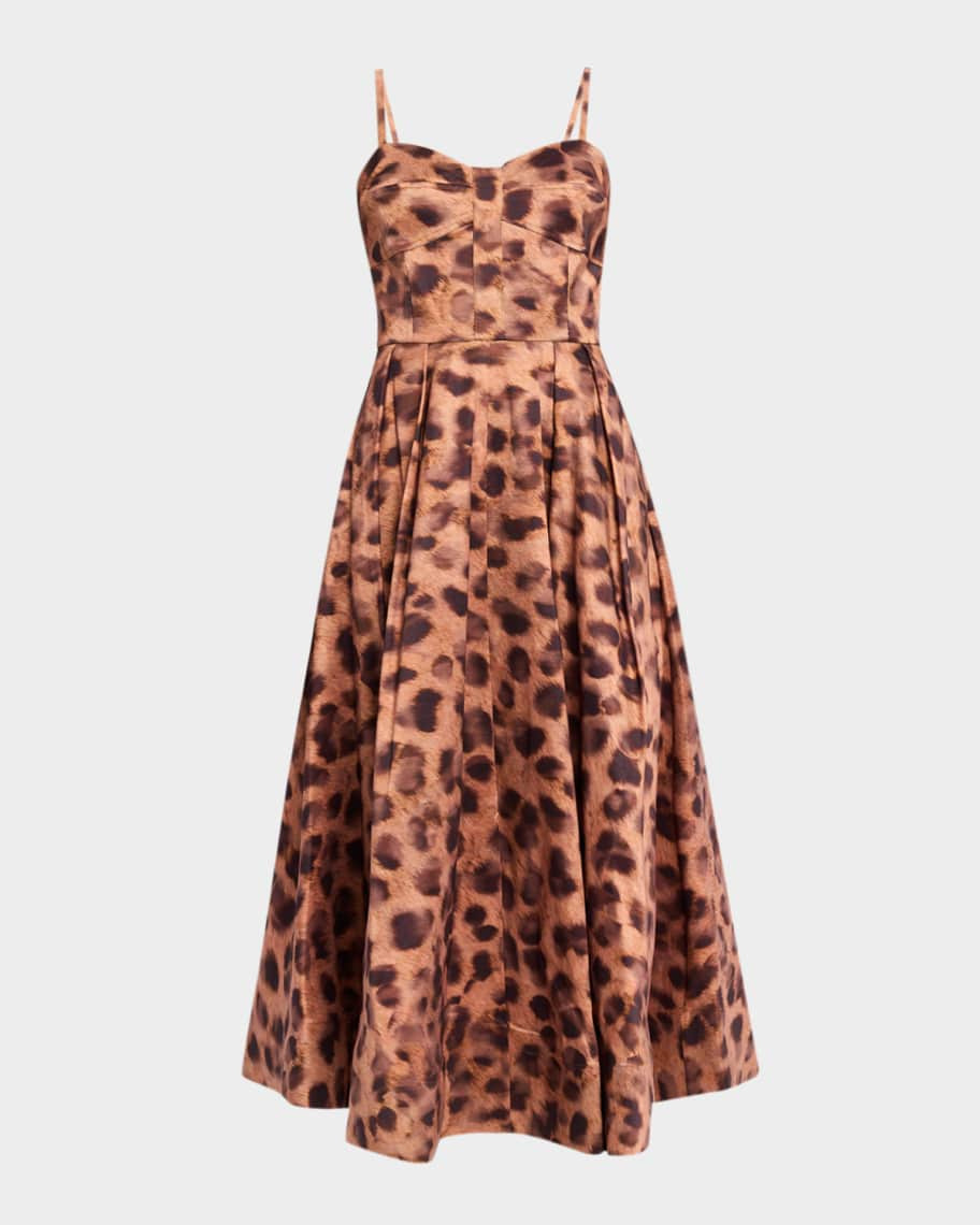 Milly Queen Pleated Leopard-Print Taffeta Midi Dress | Neiman Marcus