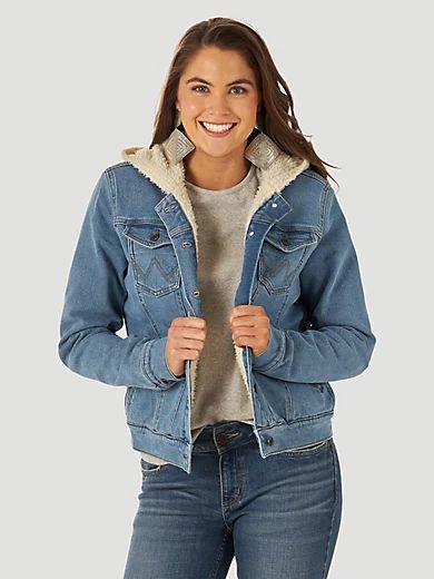 Women's Wrangler® Sherpa Lined Hooded Denim Jacket in denim | Wrangler