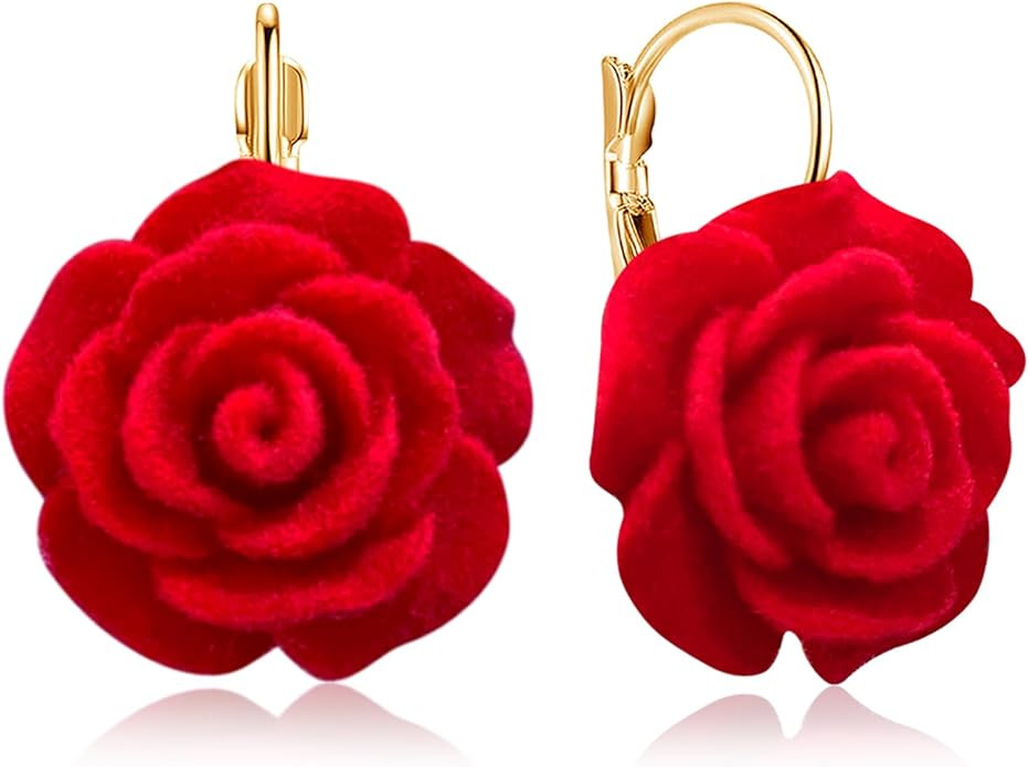 Velvet Acrylic Rose Flower Lightweight Dangle Drop Earrings Vintage Camellia Floral Leverback Ear... | Amazon (US)