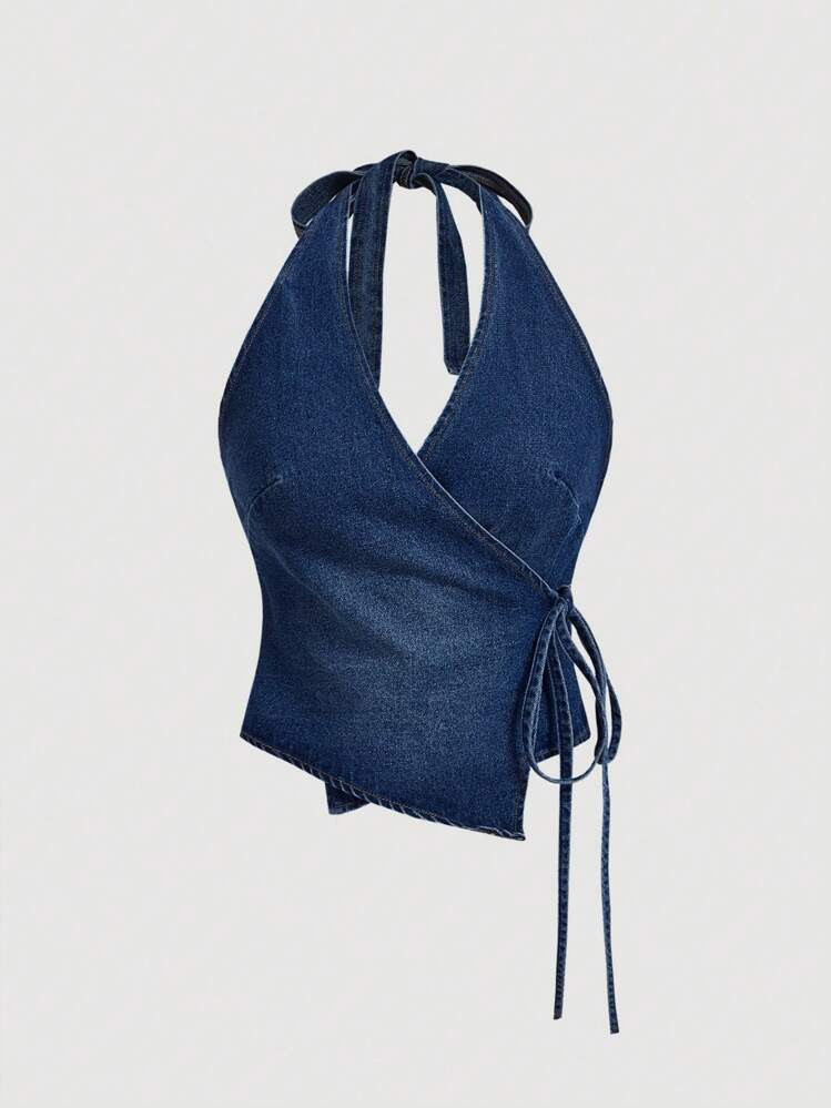 SHEIN MOD Women's Simple Backless Tie Up Denim Casual Blouse For Everyday Wear | SHEIN