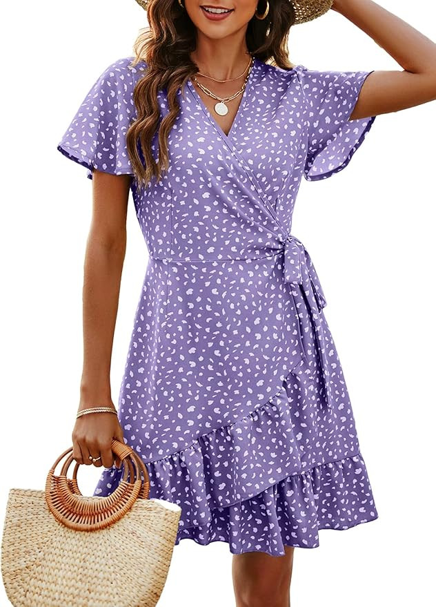 Naggoo Women's Summer Wrap V Neck Polka Dot Print Ruffle Short Sleeve Mini Floral Dress with Belt | Amazon (US)