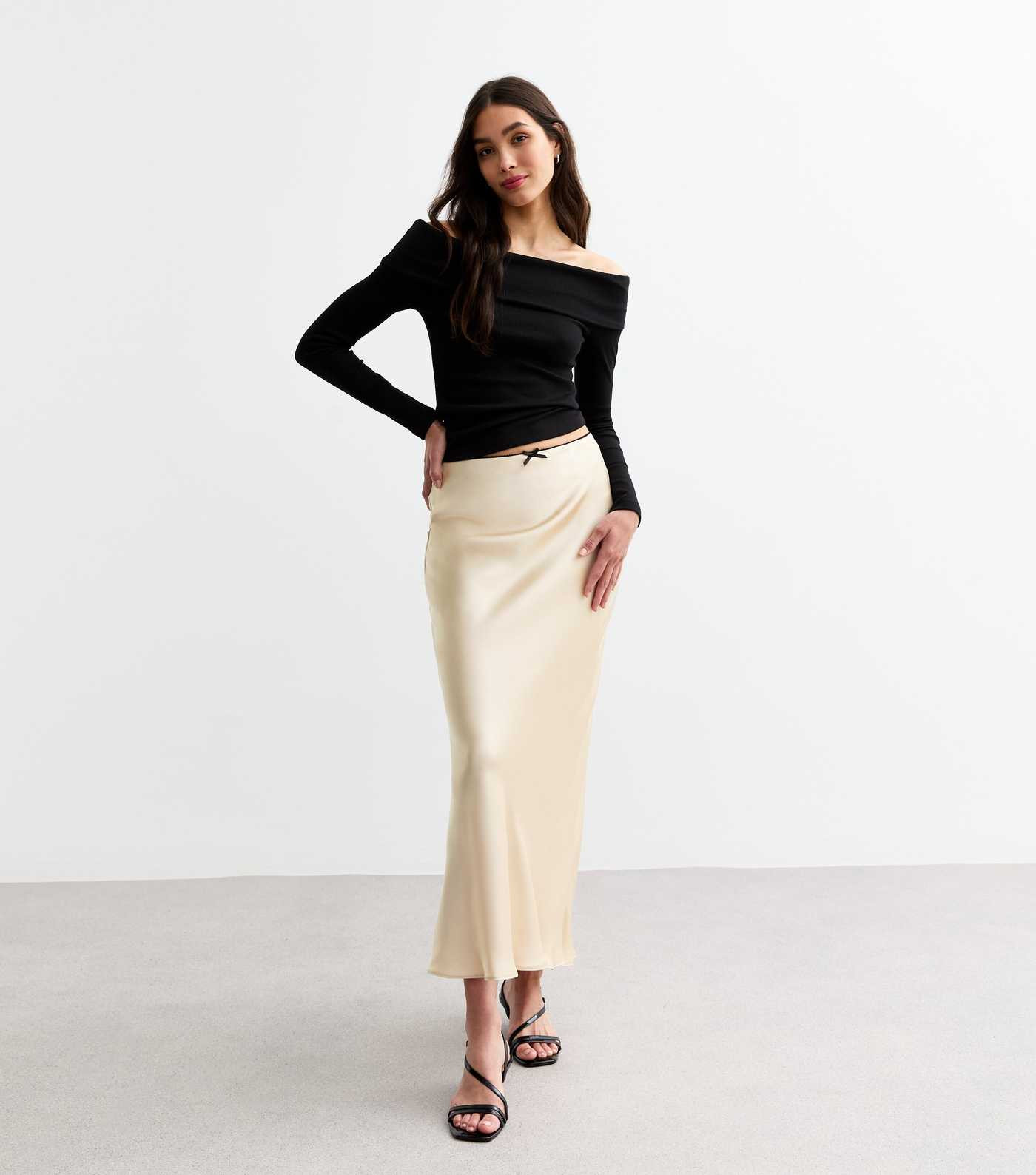 Cream Satin Bow Trim Midi Skirt  | New Look | New Look (UK)