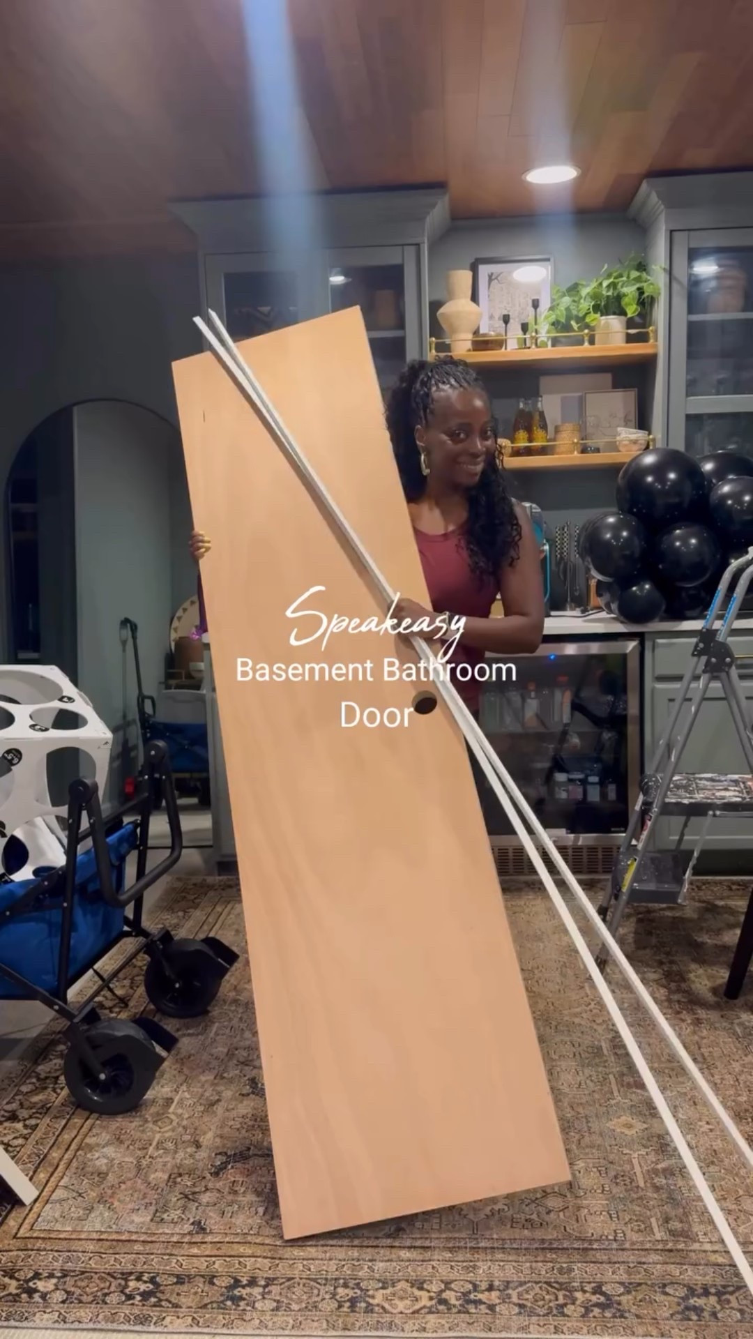 SAVE THIS POST IF YOU WANT TO CUSTOMIZE A PLAIN DOOR! 🚪 Yall another update in the speakeasy basement bathroom saga! I have a couple more things to add and I got a reveal coming your way. But this custom door I got made for the basement is so cute but it was too plain. I originally wanted a pocket door but all my electrical ran on one side of the wall and the concrete foundation was on the other, so instead of being sad, we made it work and I love it!