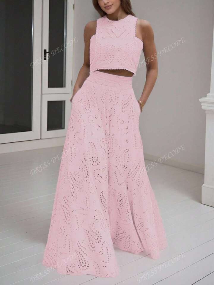 Vintage Floral Hollow Out Full Embroidery A-Line Midi Skirt,Elegant And Refined Half Skirt,No Ves... | SHEIN
