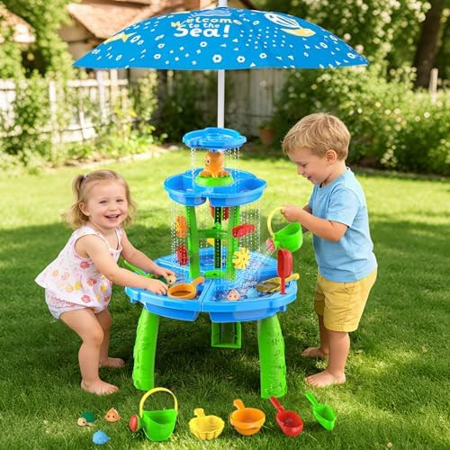 Water Sand Table with Umbrella for Toddler Kids - 3-Tier Summer Toys, Outdoor Backyard Beach Pool... | Amazon (US)