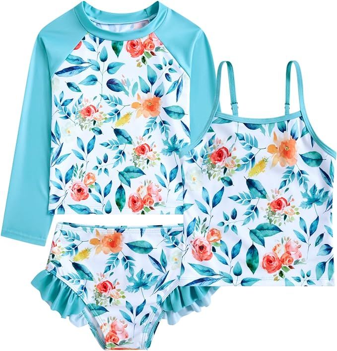 swimsobo Girls 3-Piece Swimsuit Long Sleeve Rash Guard Tankini Sets UPF Sun Proction Bathing Suit... | Amazon (US)