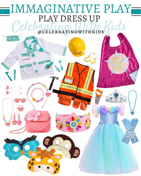 Imaginative play dress up outfits include, princess dress and accessories set, felt dress up animal masks, princess dress up crown, kids purse and jewelry set, construction worker dress up set, doctor dress up set, and personalized kids cape.

Dress up, kids toys, kids dress up, kids activities, preschool activities, imaginative play

#LTKfamily #LTKunder50 #LTKkids