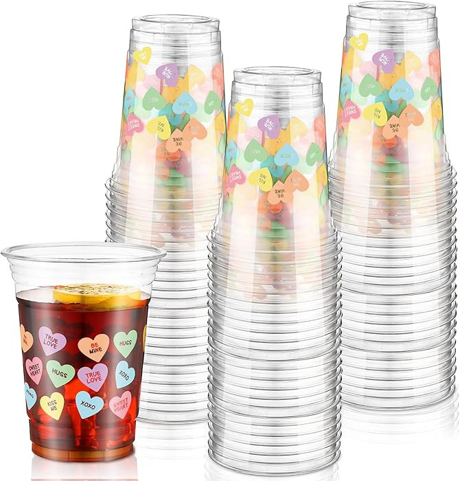 50 Pcs 16 oz Valentine's Day Conversation Heart Cups Love Disposable Plastic Coffee Candy Cups Ro... | Amazon (US)
