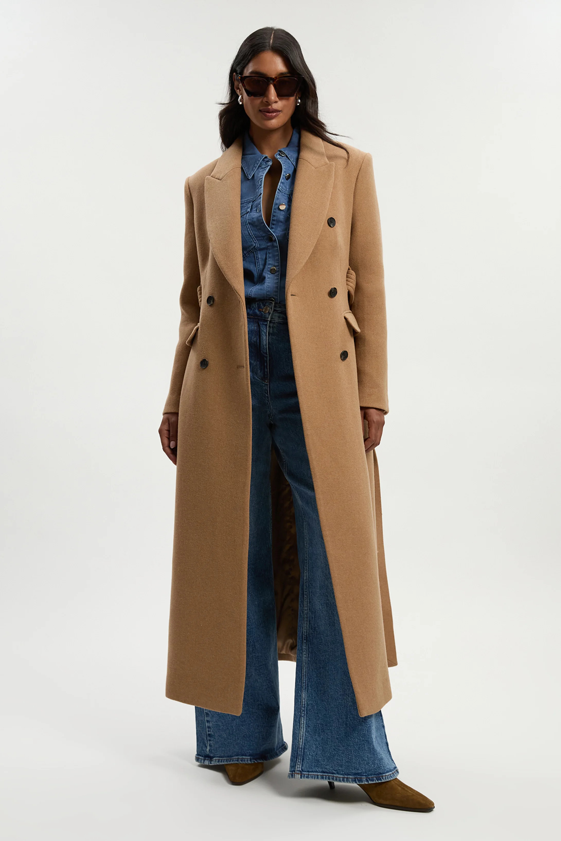 Petite Wool Double Breasted Belted Tailored Maxi Coat | Karen Millen UK + IE + DE + NL