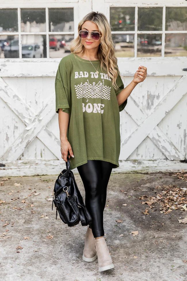 Bad To The Bone Olive Oversized Graphic Tee | Pink Lily