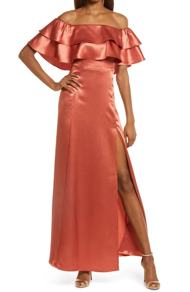 Pure Happiness Ruffle Off the Shoulder Satin Gown | Nordstrom | Nordstrom