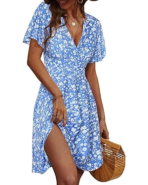 FENSACE Womens Sundress Summer Floral Short Sleeve Wrap V Neck A-Line Midi Dress | Amazon (US)