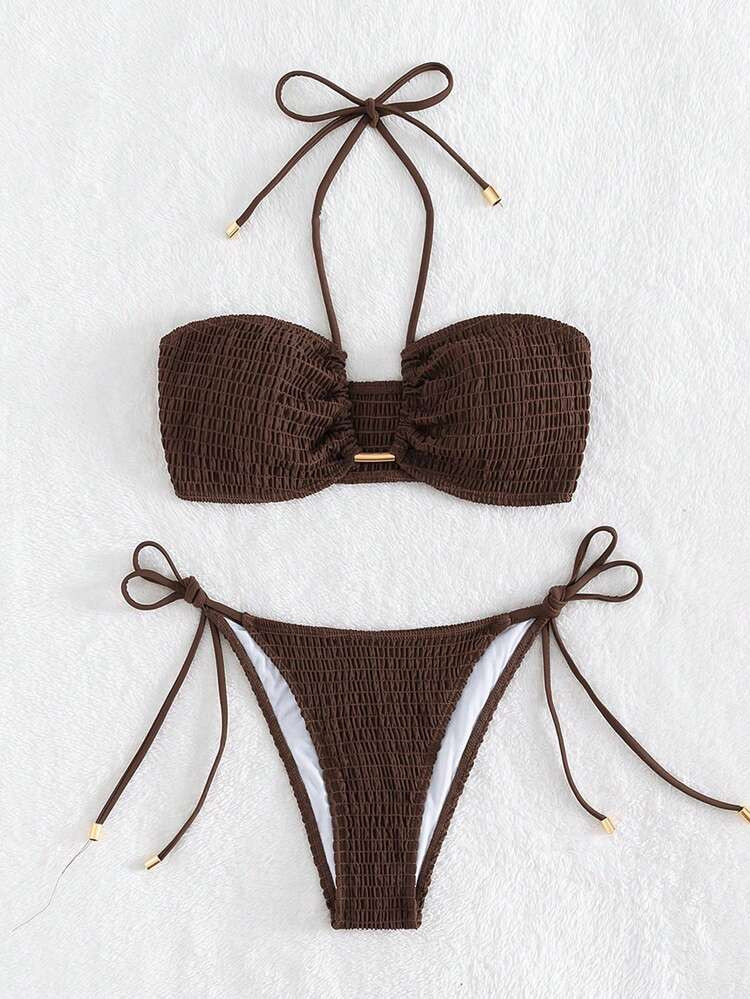 Smocked Tie Side Bikini Swimsuit | SHEIN