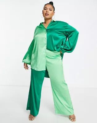 Never Fully Dressed Plus contrast shirt and pants set in green color block | ASOS | ASOS (Global)