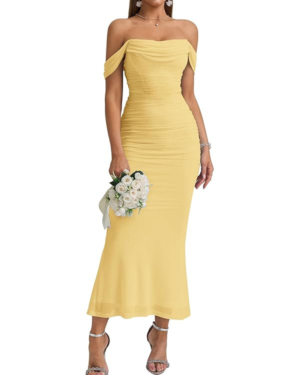 KUTUMAI Off The Shoulder Maxi Long Dress Corset Ruched Bodycon Formal Wedding Guest Dresses for W... | Amazon (US)