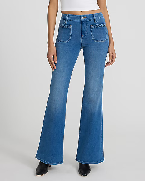 Mid Rise Medium Wash Braided Patch Pocket FlexX '70s Flare Jeans | Express