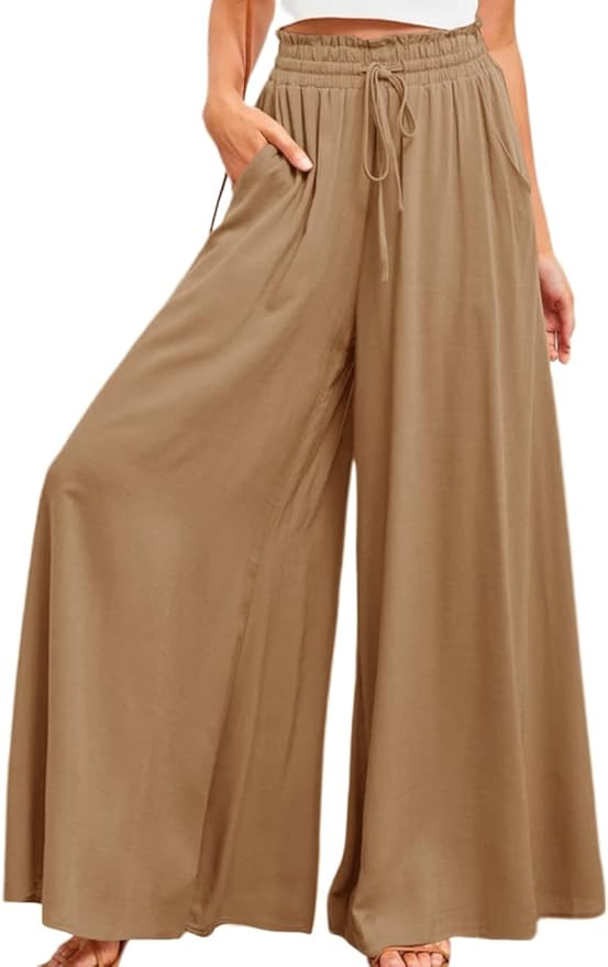 Muchpow Women's Wide Leg Drawstring Pants Elastic Waisted Casual Palazzo Trousers with Pockets | Amazon (US)
