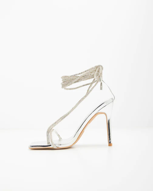 Tesi Rhinestone Embellished Strap Square Toe Heels - Silver | VICI
