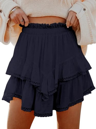 Aoudery Flowy Shorts for Women Casual Boho Ruffle Tiered Skorts High Waist Mini Skirts Golf Tennis Butterfly Crochet Shorts - Navy Blue XS | Amazon (US)