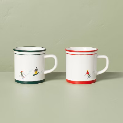 2pk 10oz Skier Figure Stoneware Mug Set Cream/Red/Green - Hearth & Hand™ with Magnolia | Target