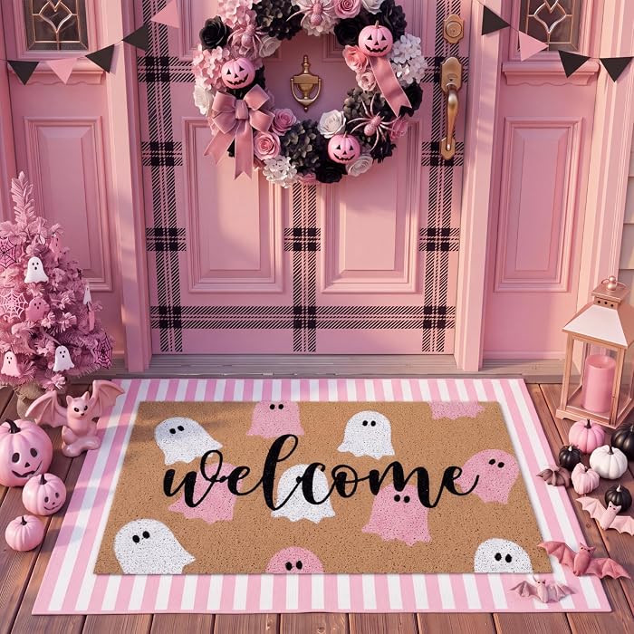 Tinideya 2 Pcs Pink Halloween Welcome Mats for Front Door, Cute Ghost Coir Doormat with Pink Whit... | Amazon (US)