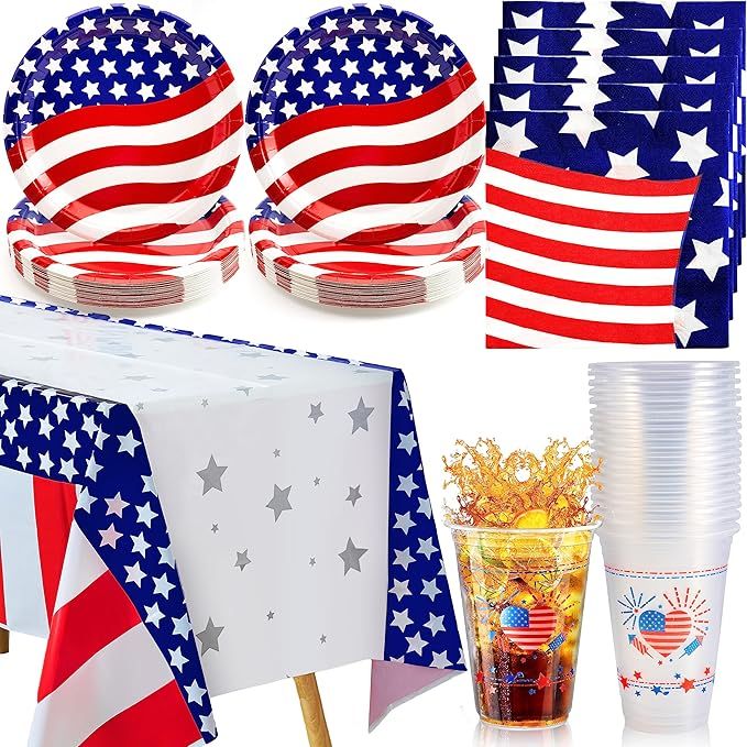 JOYIN 98 Pcs Patriotic Party Supplies, 2 Pcs 4th of July Tablecloths Set with 24 Disposable Plate... | Amazon (US)