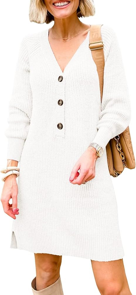 MIROL V-Neck Button Down Sweater Dress Long Sleeve Solid Knitted Pullover Sweatshirt Casual Dress... | Amazon (US)