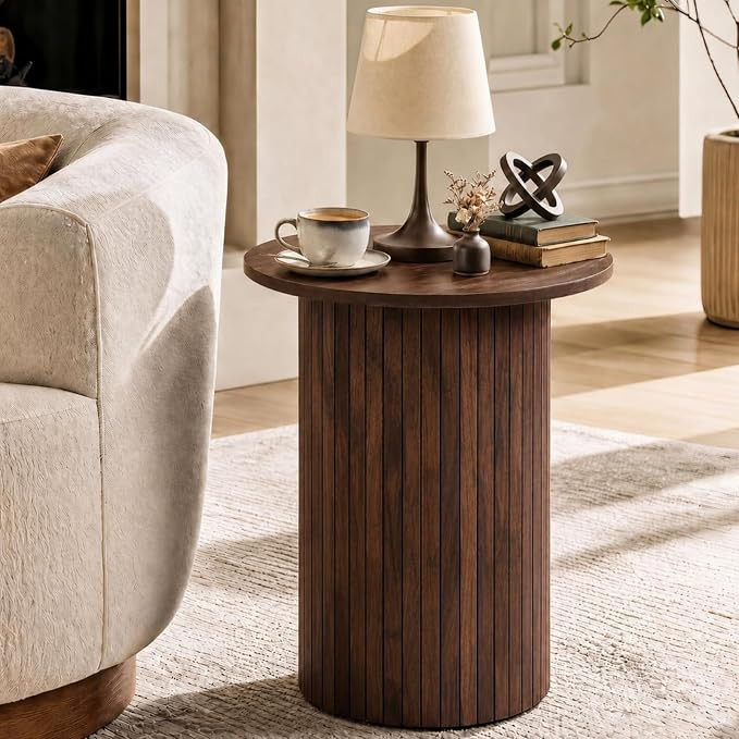 GIANTEX Round Side Table, Fluted Mid Century Modern Drum End Table, Walnut | Amazon (US)