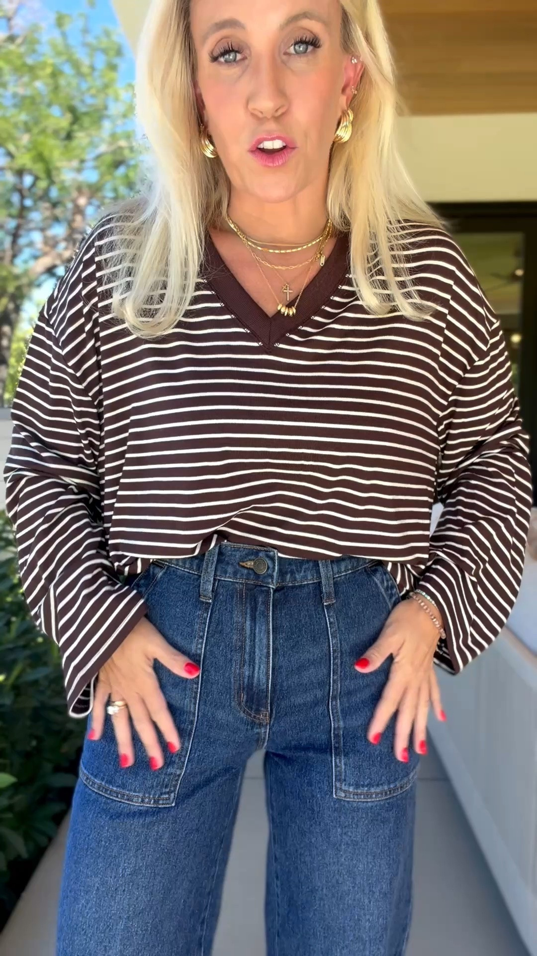 Size 4 in the jeans! These are so flattering and look so $$! Top is ribbed and so comfy!