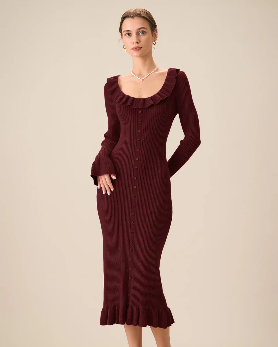 Wine Red Bodycon Bell Sleeve Sweater Dress | rihoas.com