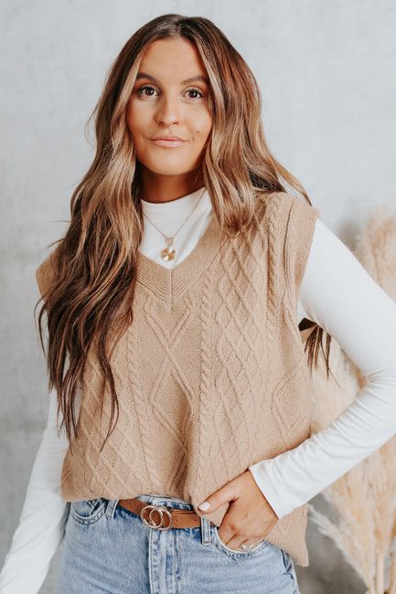 V-Neck Camel Cable Sweater Vest | Magnolia Boutique