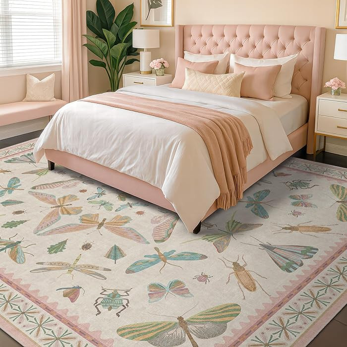 Floral Pink Rugs for Bedroom Girls 6x9 - Insect Print Cute Girly Rug for Living Room, Dining Room... | Amazon (US)