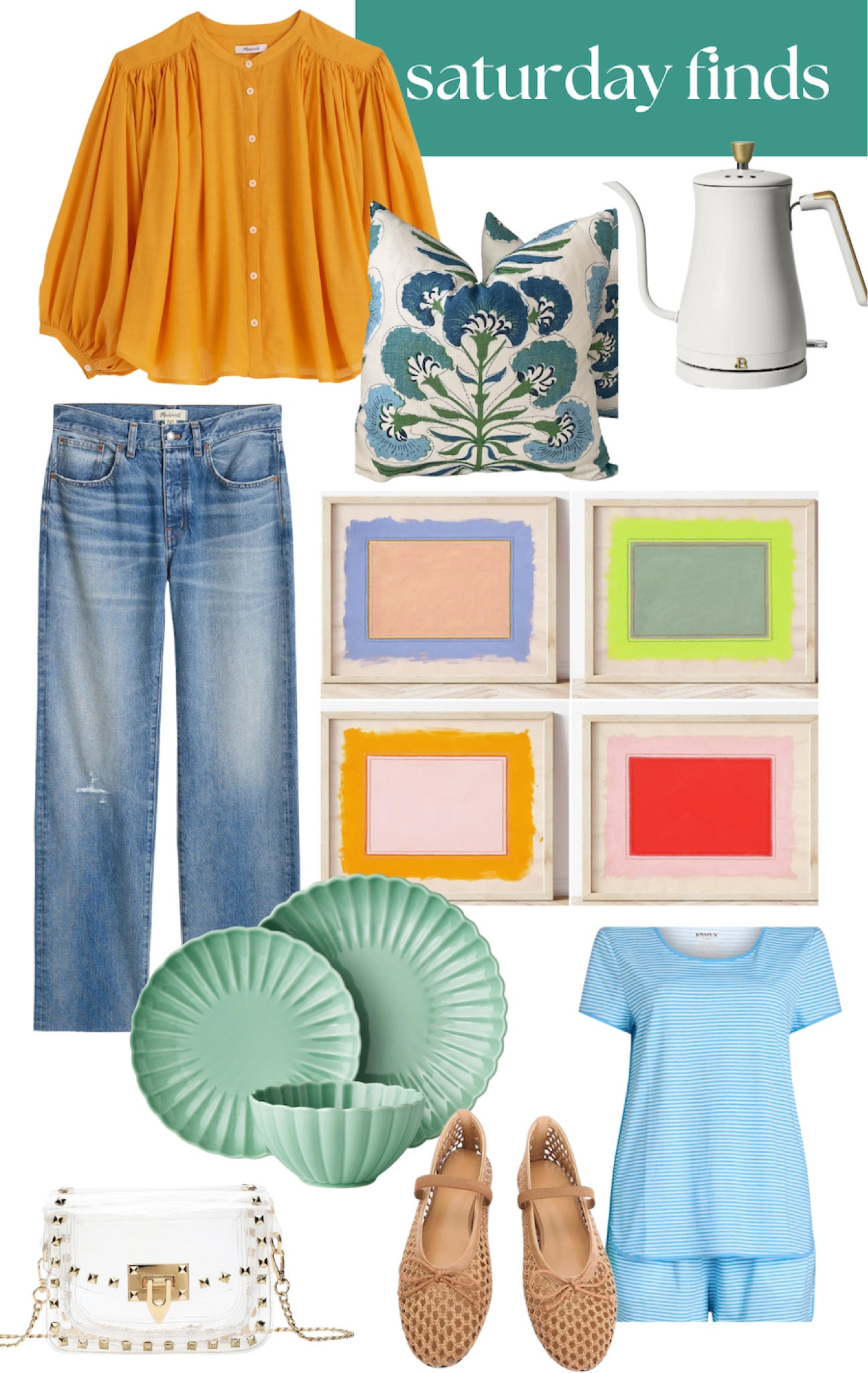 Saturday shopping: straight leg jeans, abstract art set, blouse, pillows, tea kettle, plate set, pajama short set, woven flats, clear crossbody bag